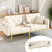 Divano letto multifunzionale in velluto beige 2 posti con schienale regolabile e portabicchieri