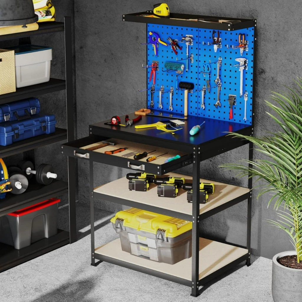 Banco da lavoro con 2 pegboard e cassetto e mensole, Stazione di lavoro in metallo per casa e garage e officina Blu Navy