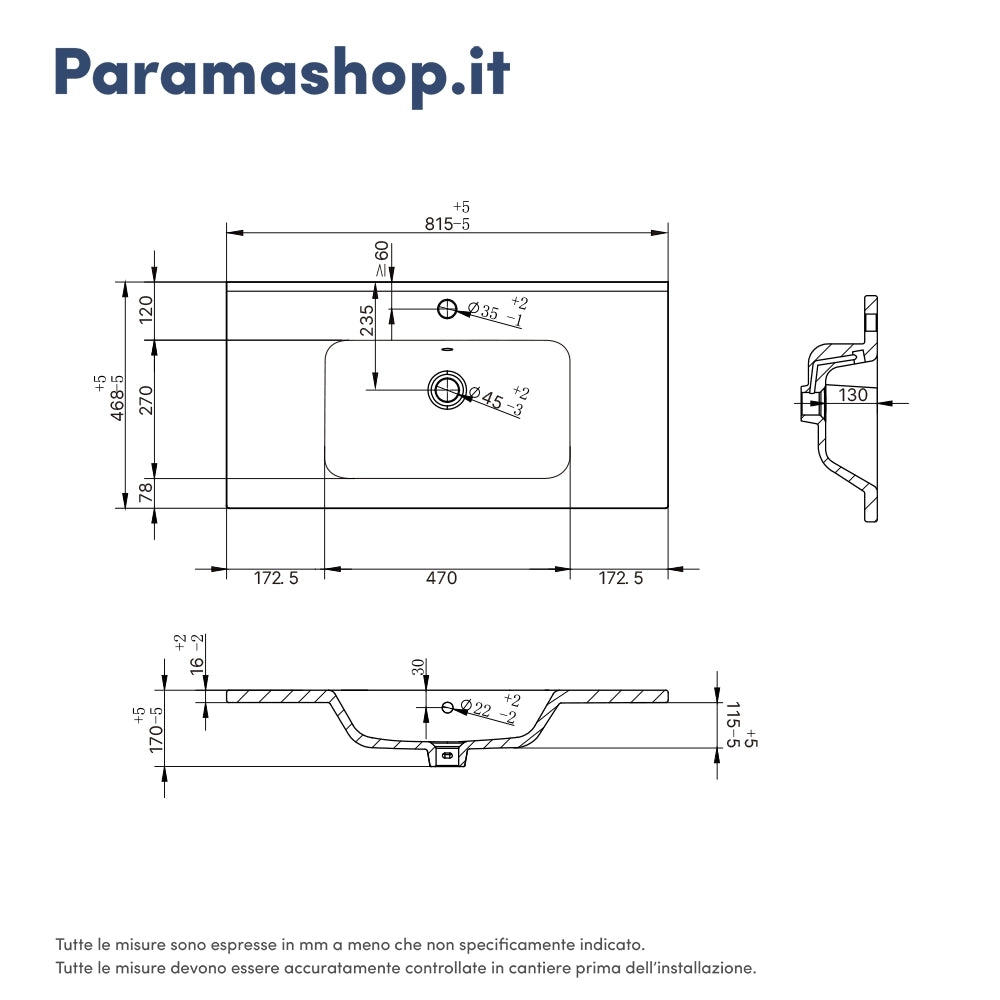 Lavabo da incasso 80 cm in ceramica bianca | Civit