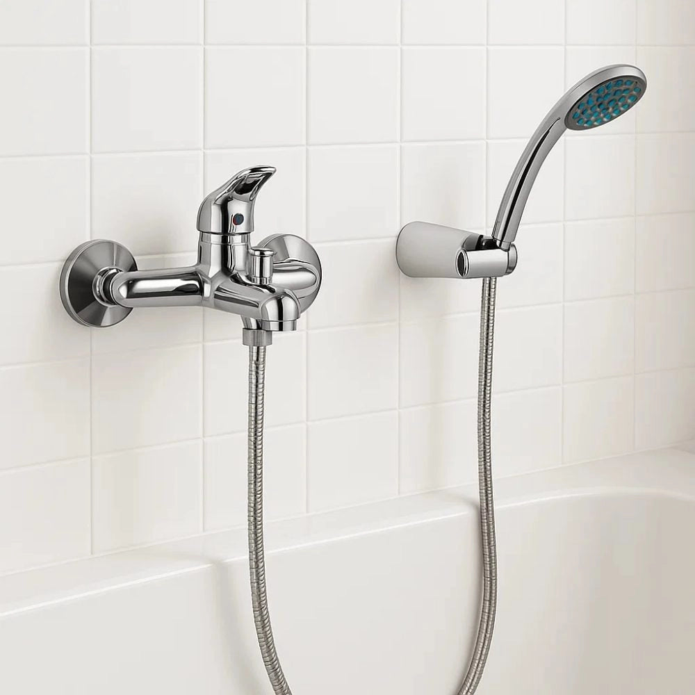 Miscelatore rubinetto esterno vasca in ottone cromato con soffione e flessibile 150 cm