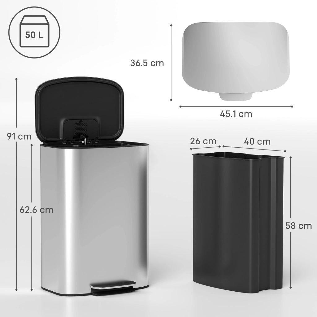 Pattumiera a Pedale da 50L con Coperchio Ammortizzato. Apertura a 90¡ã e Secchio Rimovibile. Acciaio Inox. Grigio