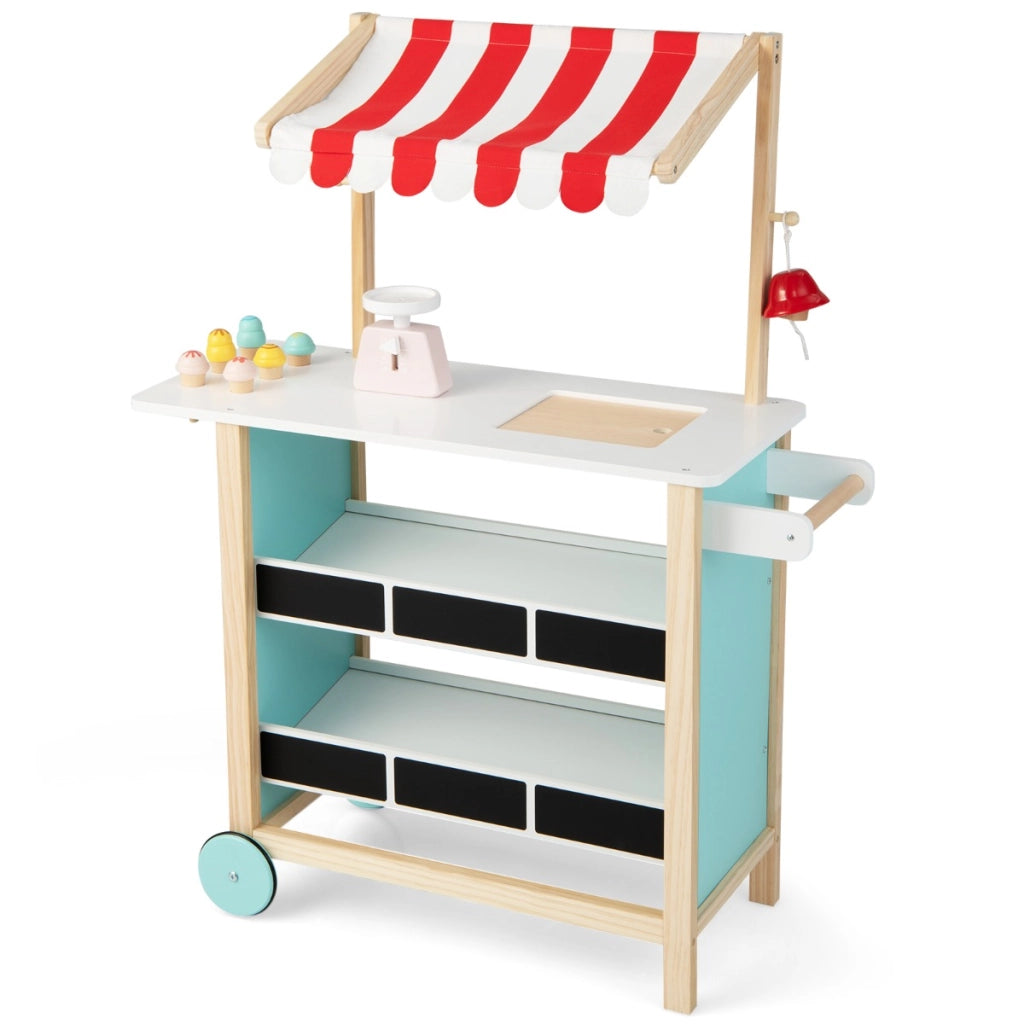 Carretto dei gelati con ripiani di legno per bambini +3 anni, Supermercato per bambini con 6 gelati giocattolo Rosso-Cucine giocattoli