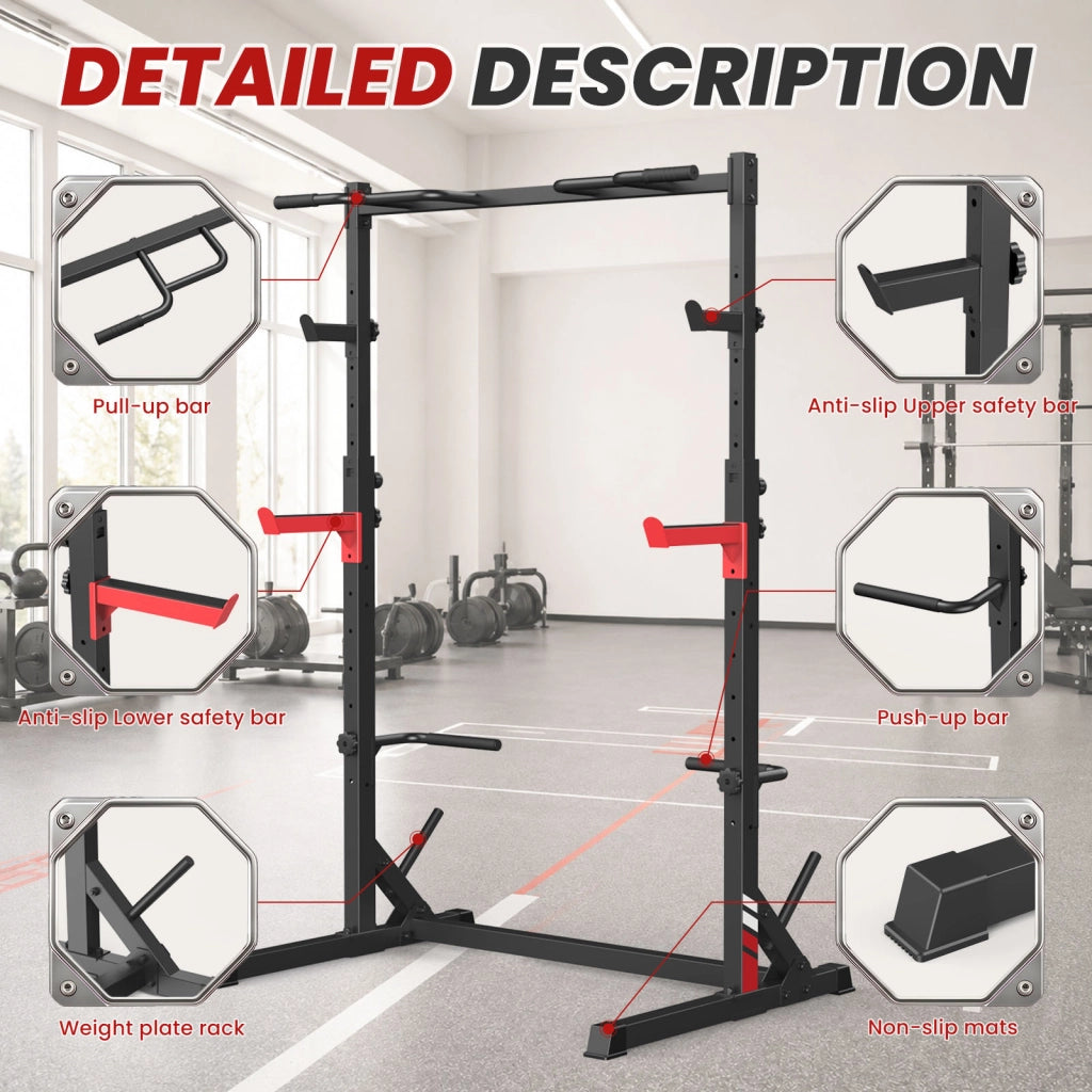 Squat Rack Multifunzione All-in-One e Supporto per Bilanciere con Barre di Sicurezza Antiscivolo, Carico Massimo 300 kg