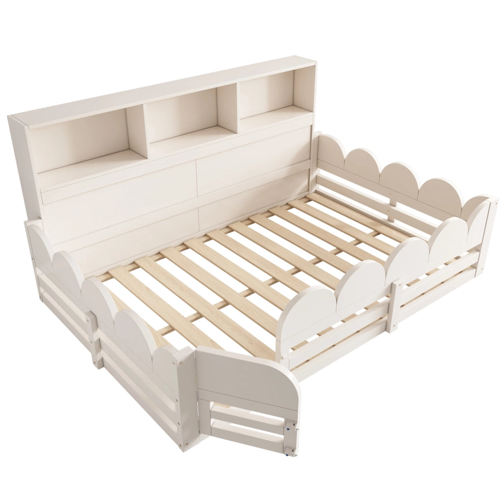 Letto a pavimento per bambini 140x190 cm bianco con barriera, porta e scaffale