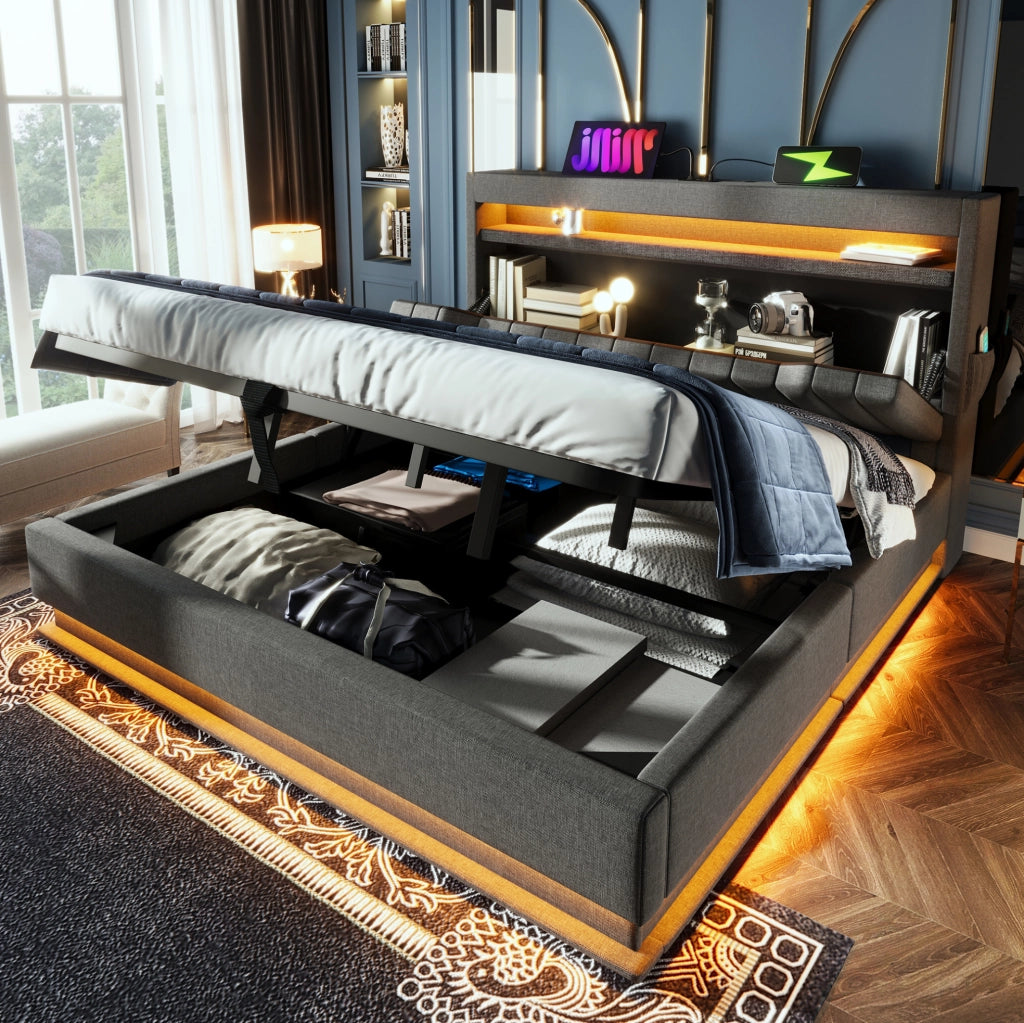 Letto matrimoniale con contenitore 140x190 cm in lino grigio; testiera con LED; USB e Type-C