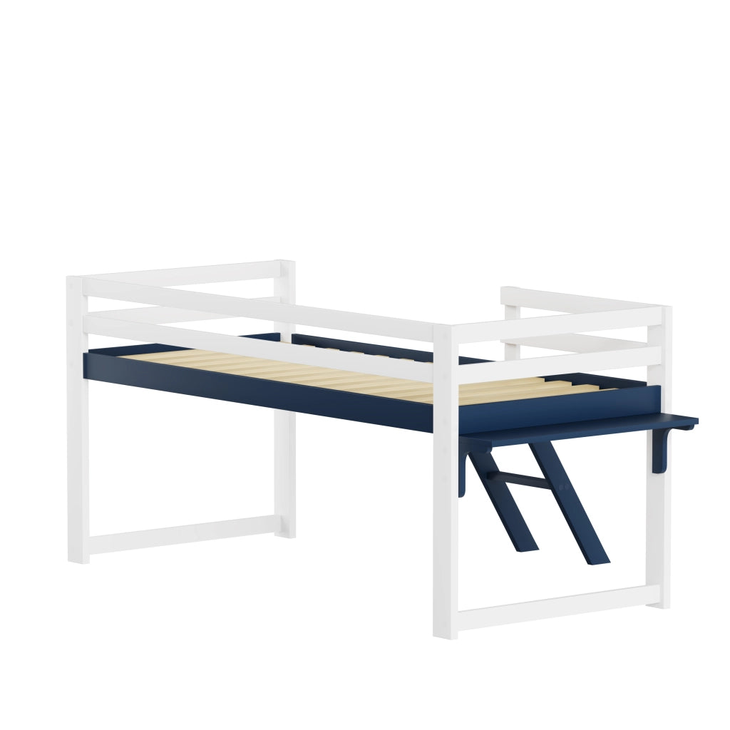 Letto a soppalco per bambini 90x200 cm in legno massello di pino, letto per bambini con sistema anticaduta, scaletta fissa e tavolino contenitore, ret