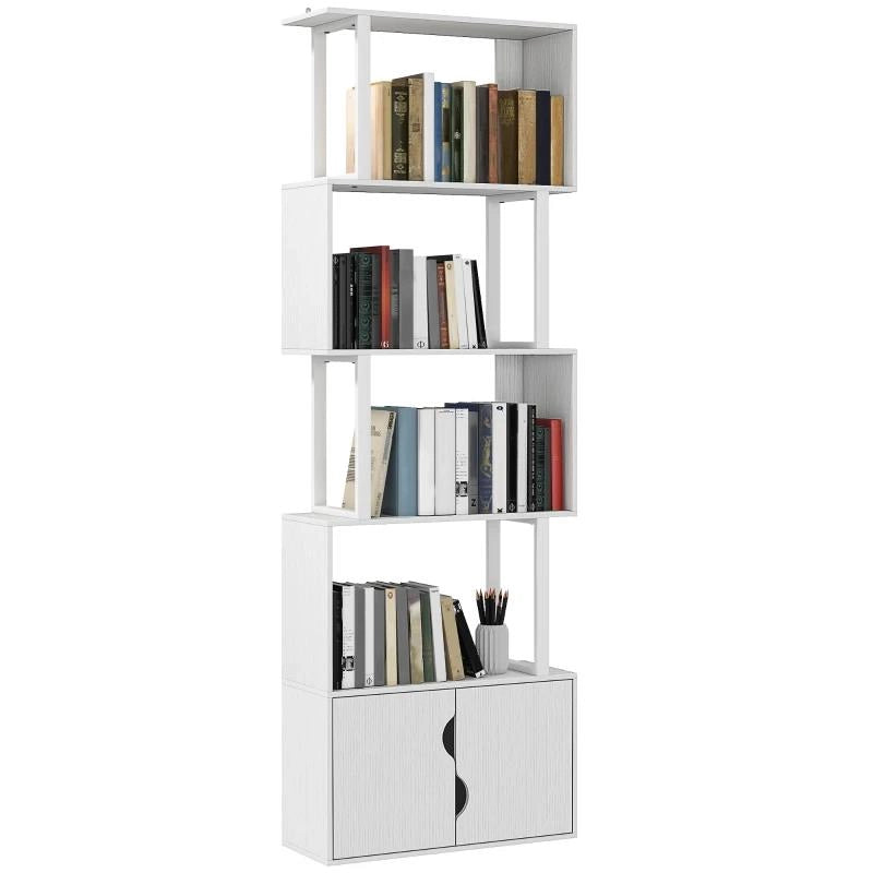 LIBRERIA MODERNA CON 5 RIPIANI E ARMADIETTO A 2 ANTE IN LEGNO, 60X23.8X179.2 CM, BIANCO