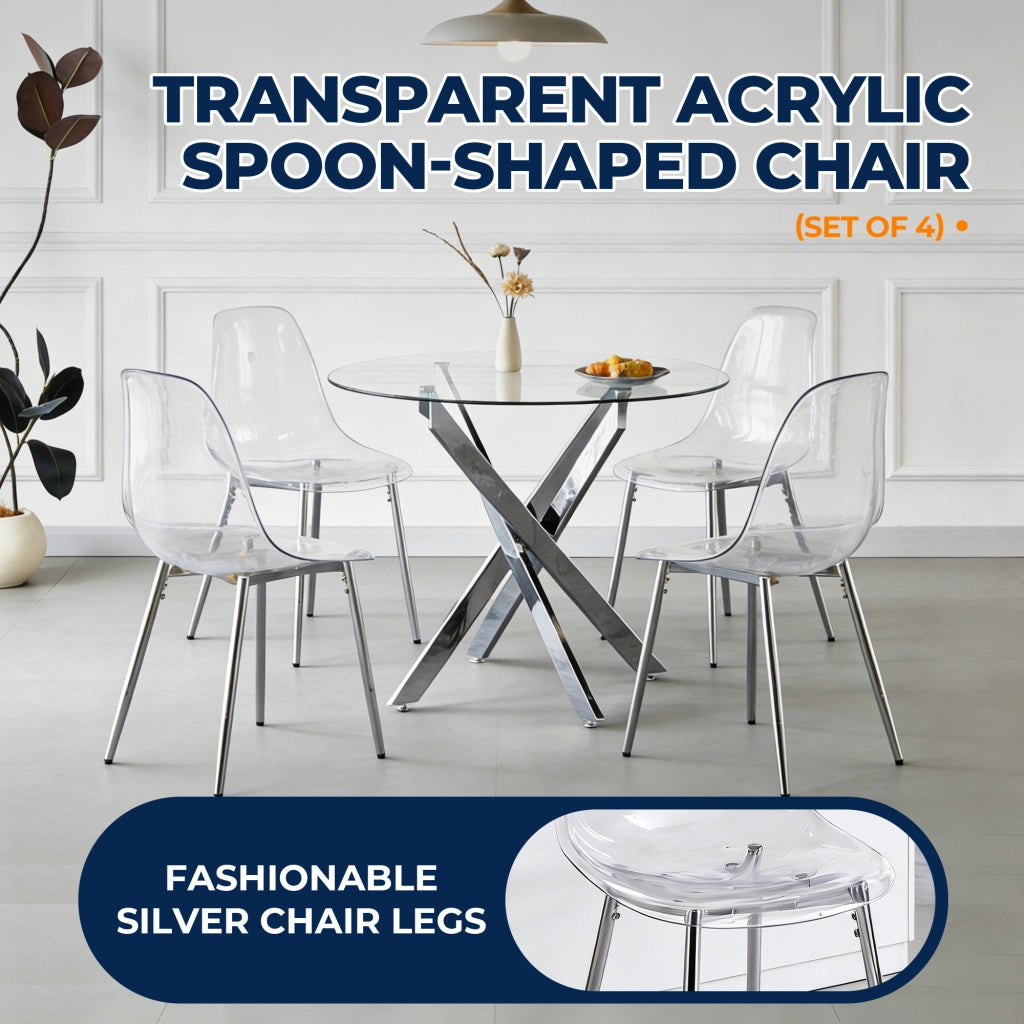Sedia da pranzo in ABS trasparente con gambe in metallo e design minimalista argento