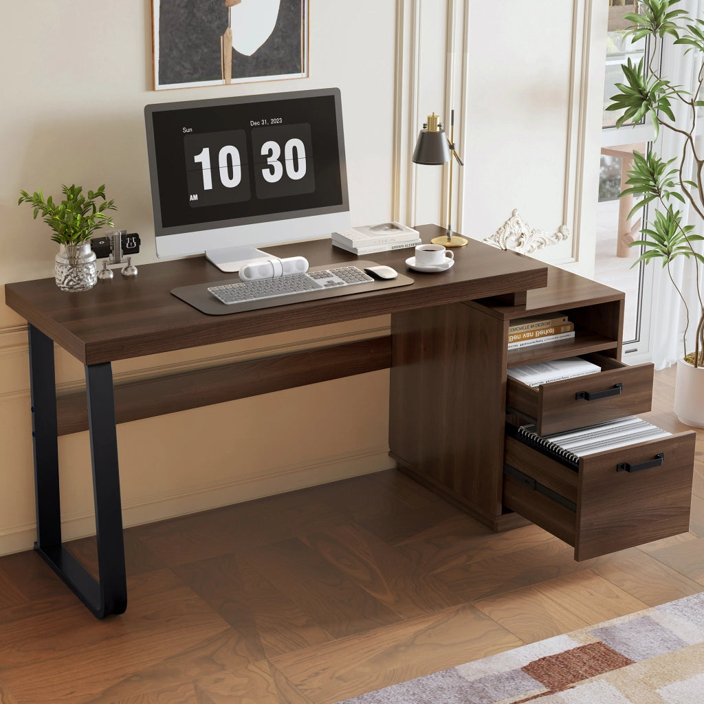 SCRIVANIA 135x54 cm con cassetto e vano aperto MDF e metallo marrone