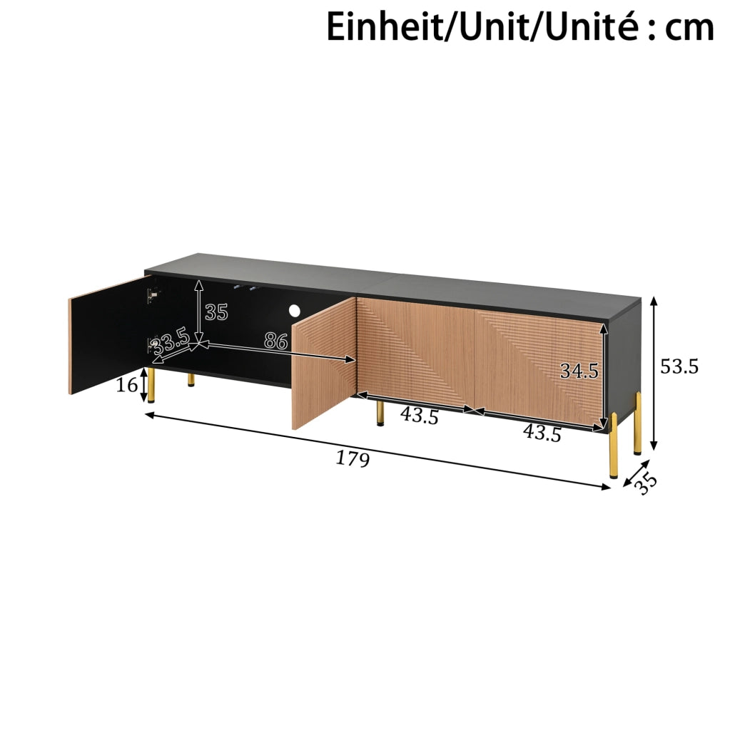 Mobile TV 179x35x53.5 cm con 4 ante e spazio contenitore in truciolare nero e naturale
