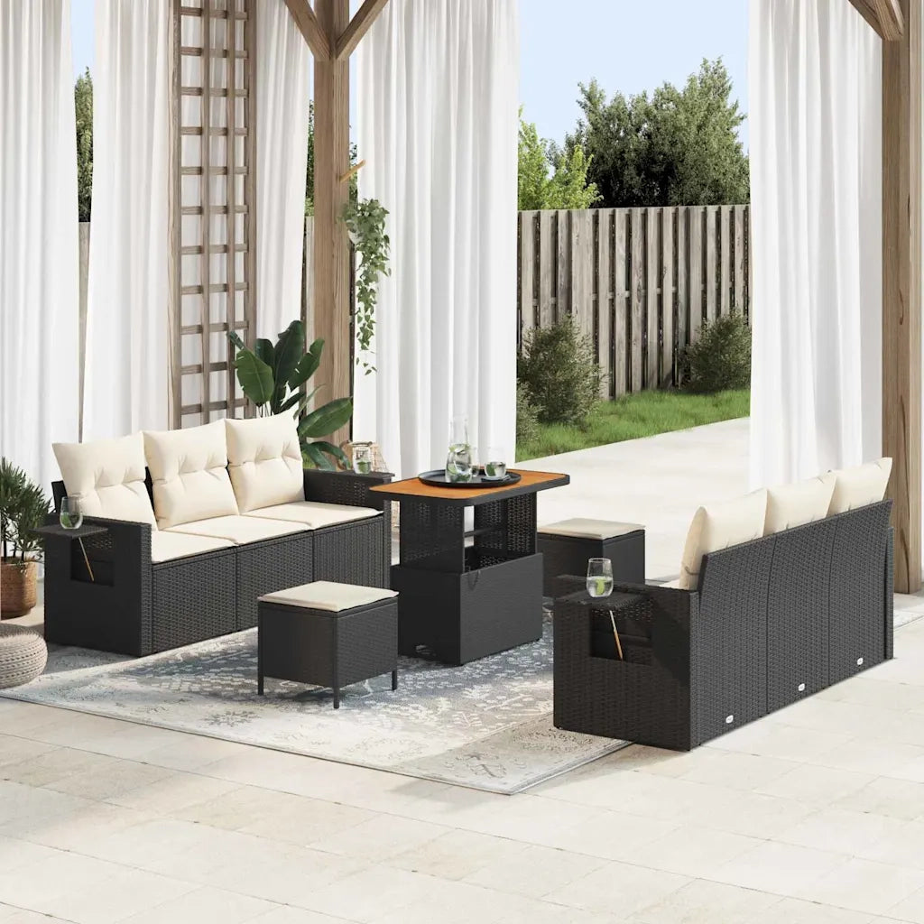 Set Divano da Giardino con cuscino 9 pcs Nero e crema
