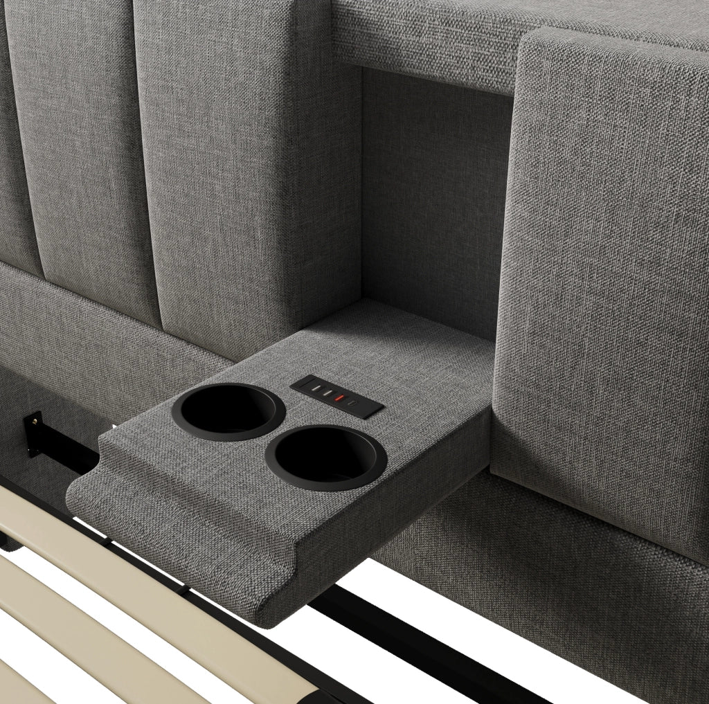 Letto imbottito 160x200 cm con contenitore, presa di ricarica e portabicchieri