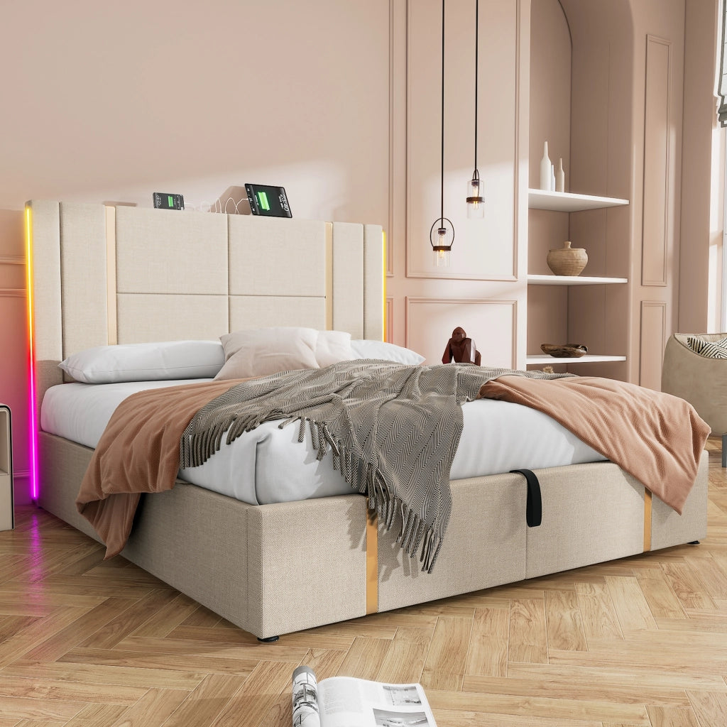 LETTO Contenitore 180x200 cm Beige in lino con USB e LED