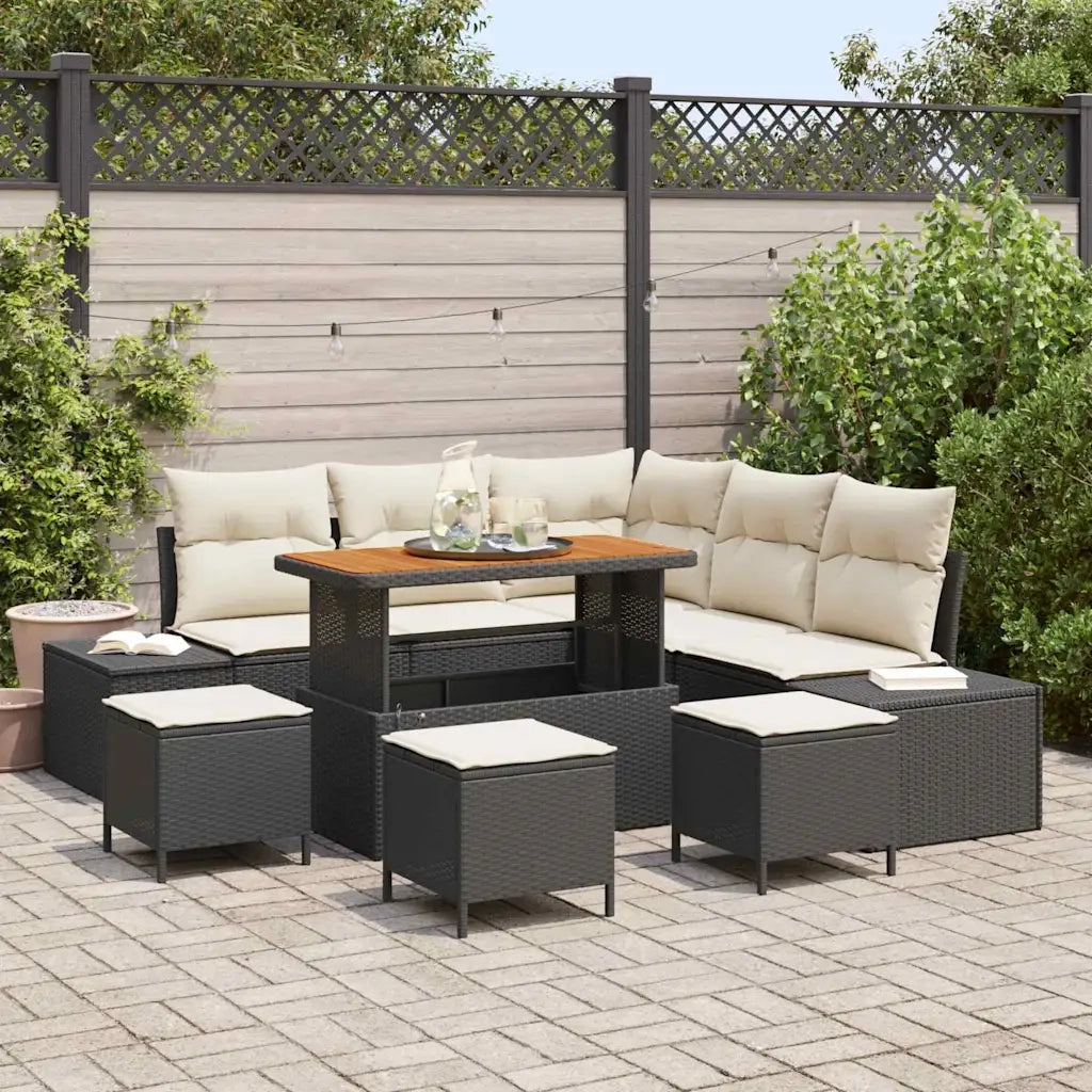 Set Divano da Giardino con cuscino 9 pcs Nero Poly Rattan