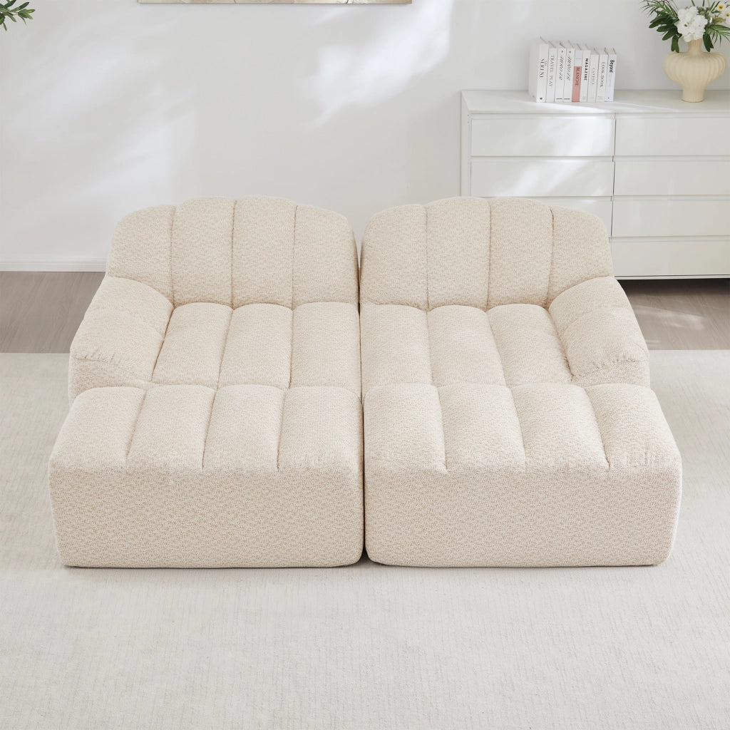 Divano modulare 2 posti con pouf e schienale ergonomico in fleece granulare beige