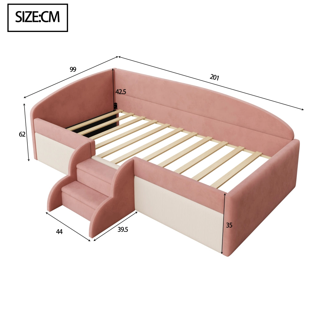 LETTO Imbottito con scalini e spondine 90x190 cm Velluto Rosa e Bianco
