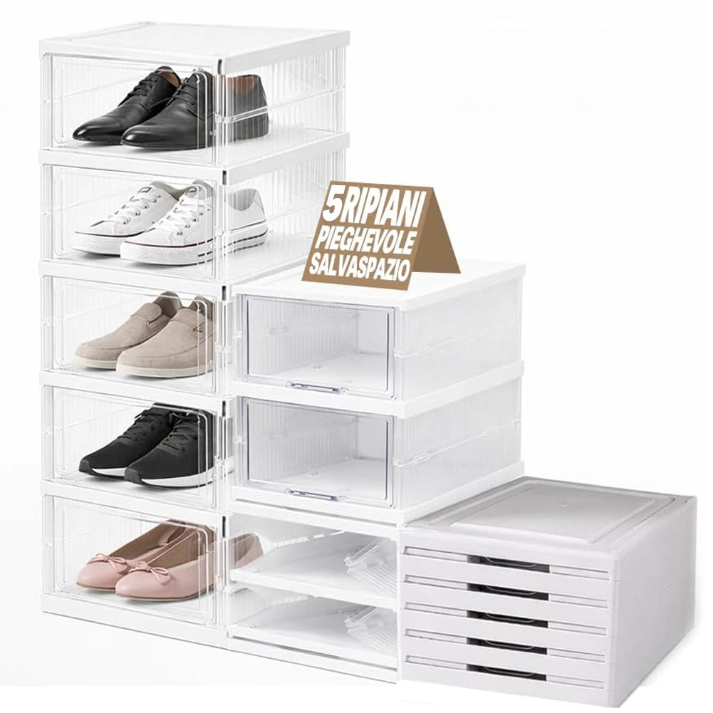 Scarpiera Pieghevole 5 Ripiani in Plastica Trasparente Porta Scarpe Salvaspazio
