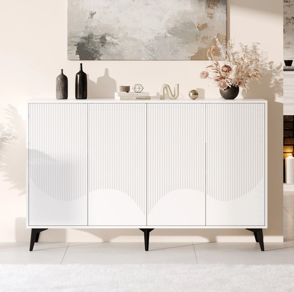 Credenza moderna bianca 160 cm con 4 ante; ripiani regolabili e struttura in metallo