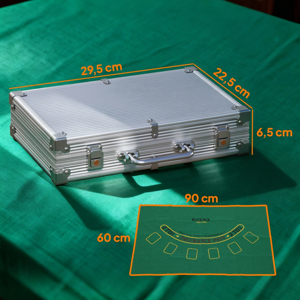 Set di Fiches da Poker in Valigetta ¨C Minimal ¨C con Dadi, Pulsante Dealer, 2 Mazzi di Carte, Colore Argento