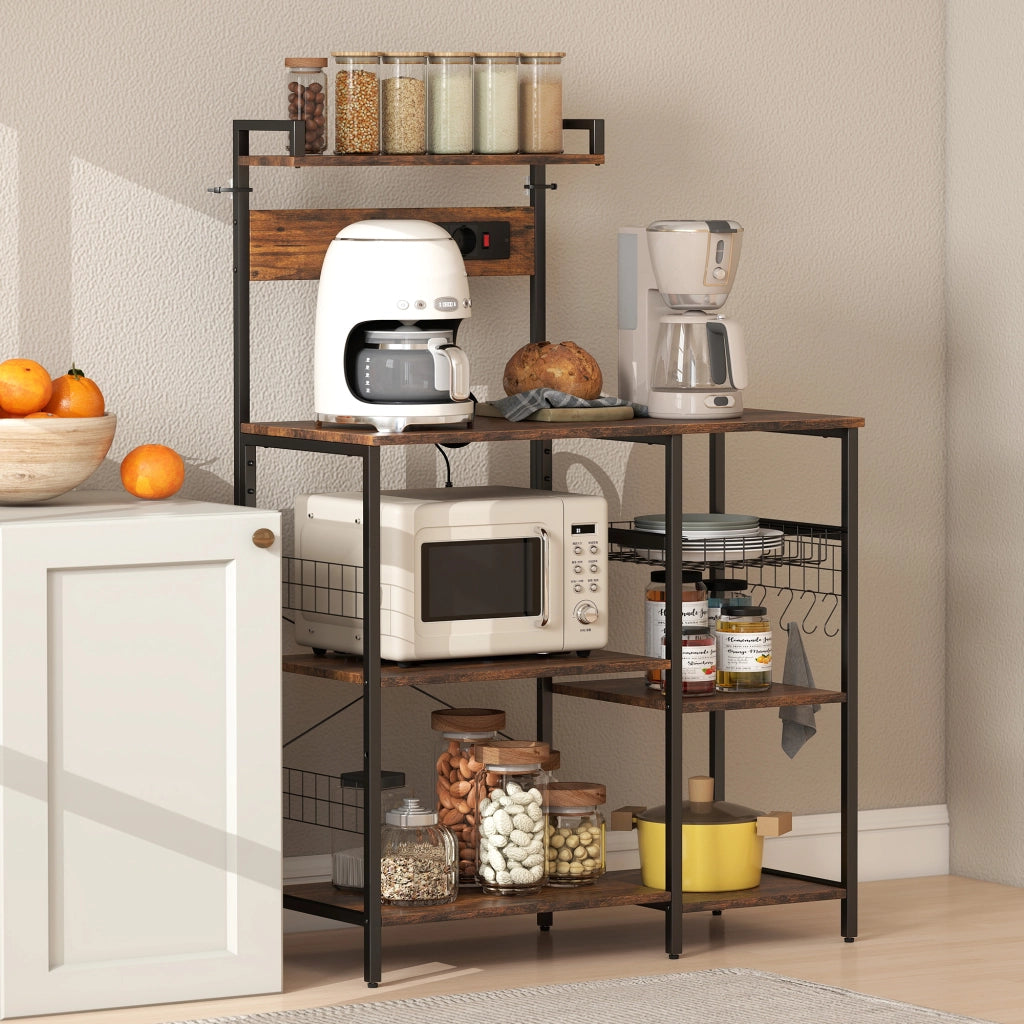 Scaffale da cucina con 2 prese, 5 ganci, 5 ripiani, cestino ¨C Xylo ¨C metallo nero 90x42x130cm