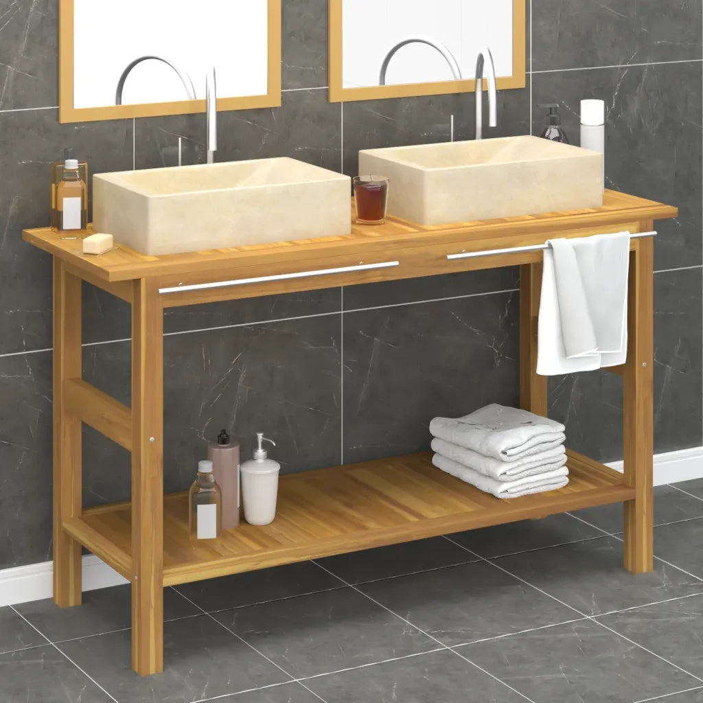 Mobile Vanità Bagno e Lavandini Marmo Crema Legno Massello Teak 3096578