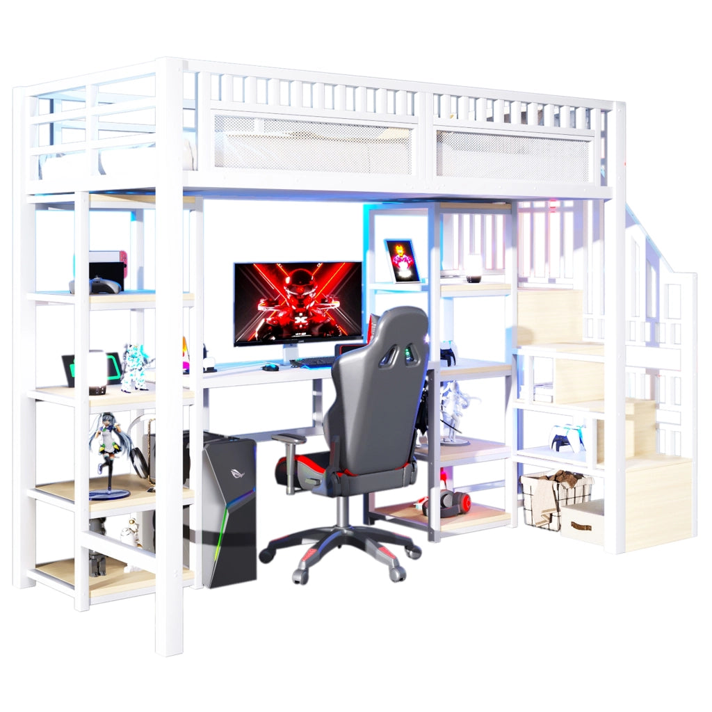 OKWISH Letto a soppalco 90×200 cm, Letto Singolo con Scrivania, LED Regolabile, USB, Mensole e Scala Contenitore, senza Materasso, Bianco