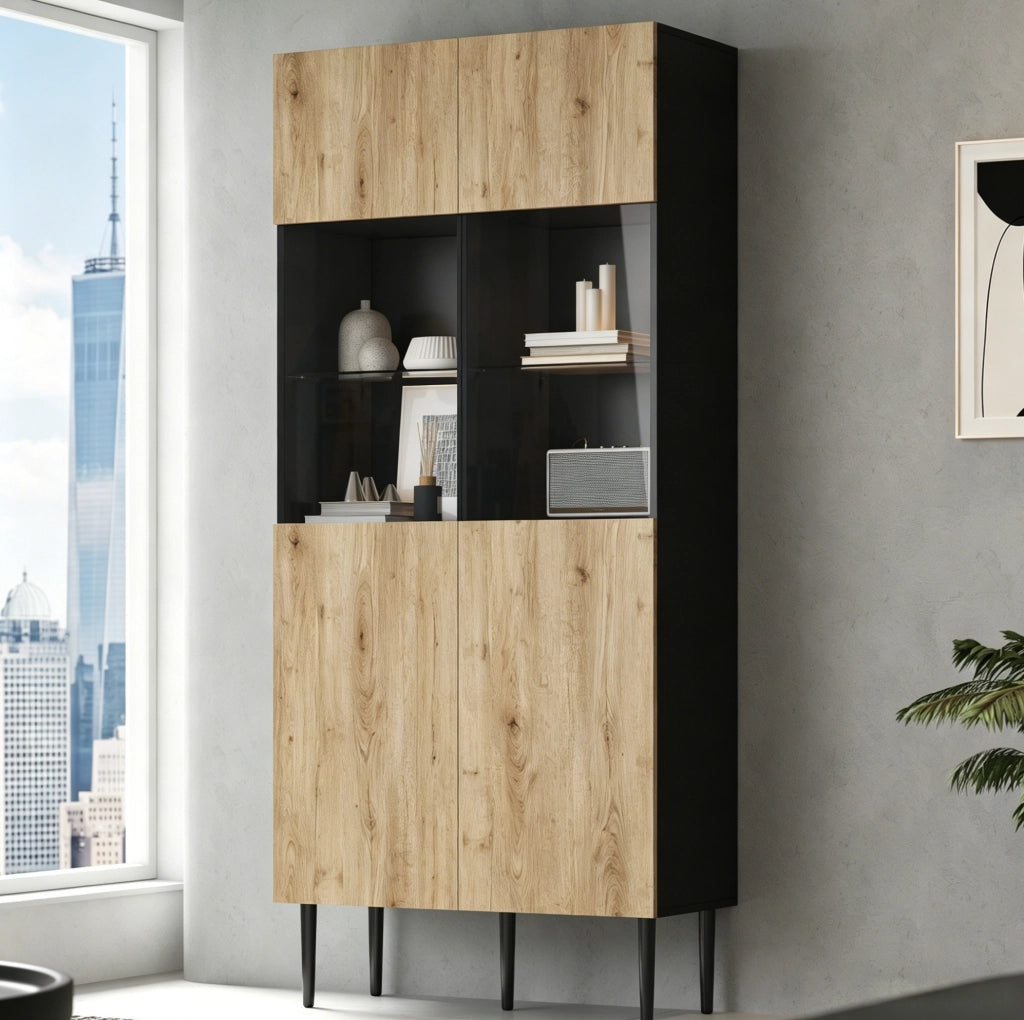 Vetrina 80x35x180 cm con illuminazione LED e 10 vani in MDF nero e naturale