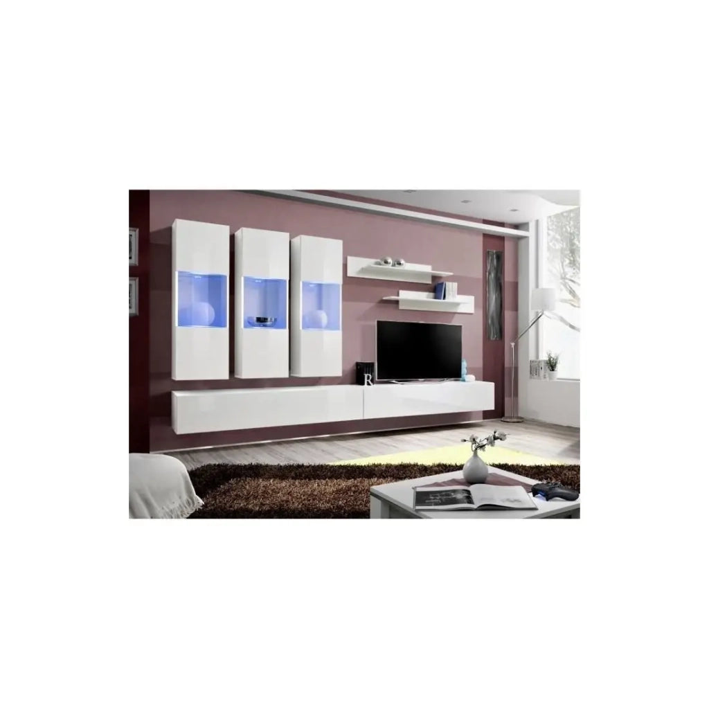 Mobile TV FLY E2 design, colore bianco lucido. Mobile sospeso moderno e alla moda per il tuo soggiorno.