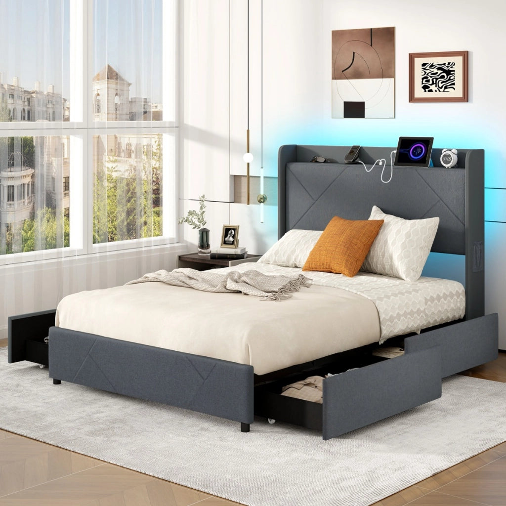 Struttura letto con luci LED letto imbottito con stazione di ricarica-Telaio letto matrimoniale 2 tasche di stoccaggio & 4 cassetti scorrevoli Grigio