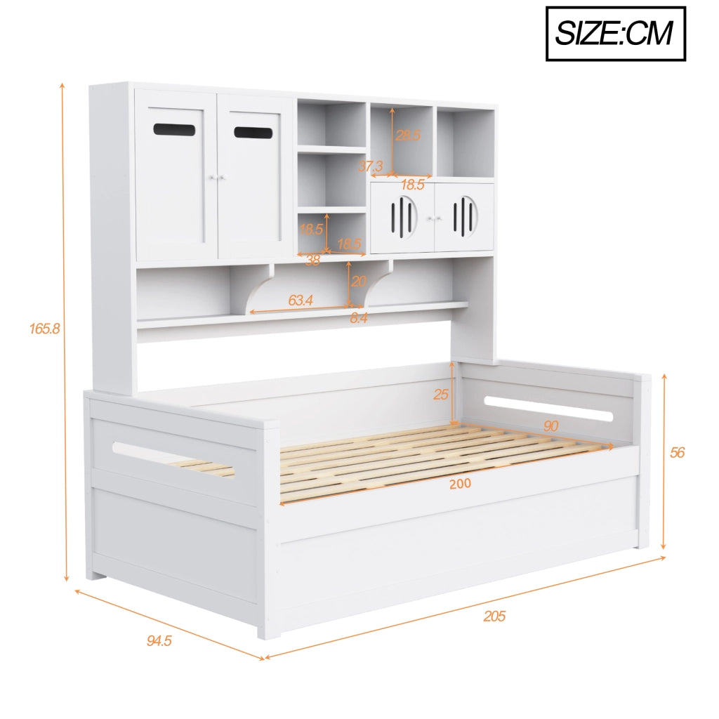 Letto singolo contenitore 90×200 cm con vani portaoggetti e rete idraulica; senza materasso; legno; bianco