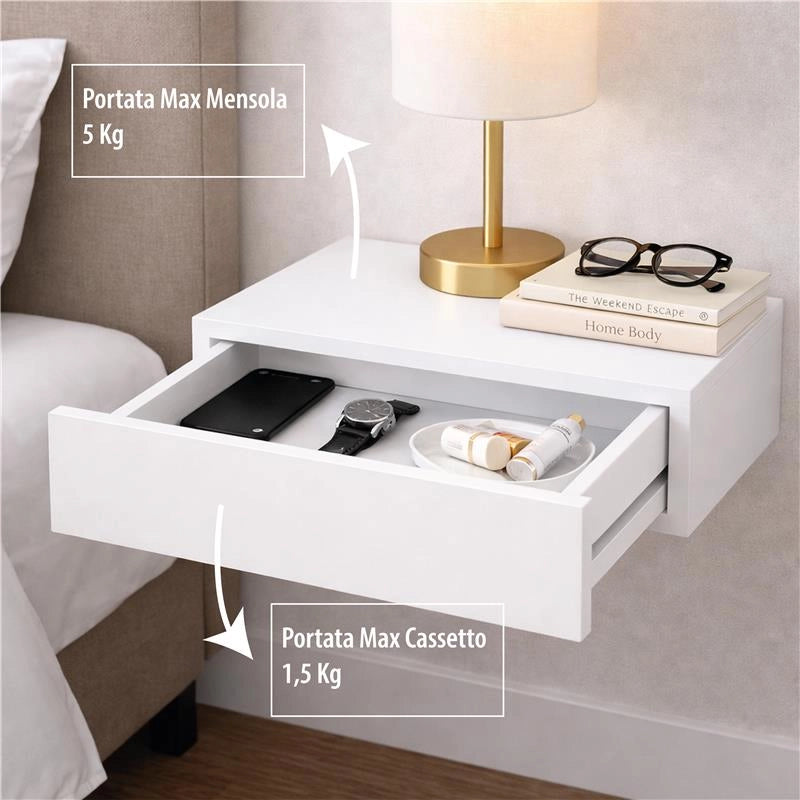 MENSOLA CON CON CASSETTO DA PARETE SISTEMA REGGIMENSOLA A SCOMPARSA COLORE BIANCO IN LEGNO MDF 40X24X10 CM