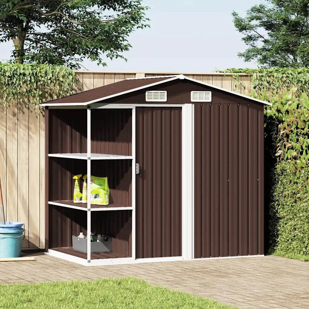 Capanno da Giardino con Scaffali Marrone 205x130x183 cm Ferro