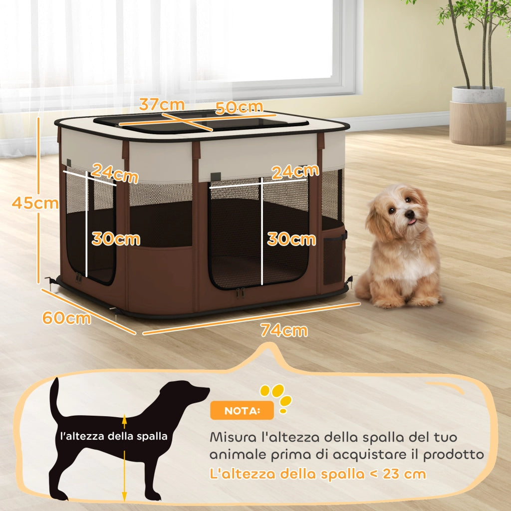 Box per Animali 74x60x45 cm con 6 Finestre 3 Porte e 2 Borse Portaoggetti in Poliestere e Acciaio Marrone