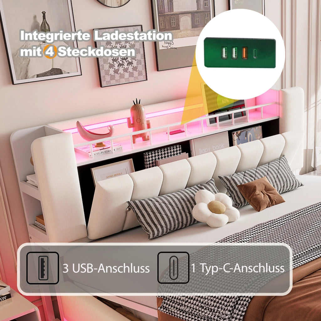 LETTO Imbottito 180x200 cm Beige con LED, USB e contenitore idraulico