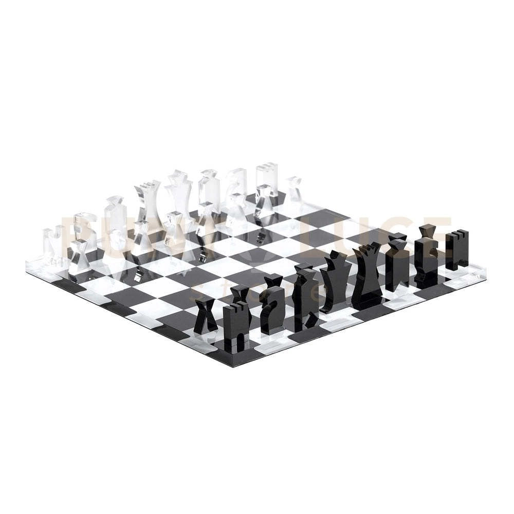 GIOCO DA TAVOLA SCACCHI E DAMA IN CRISTALLO ACRILICO TRASPARENTE E NERO
