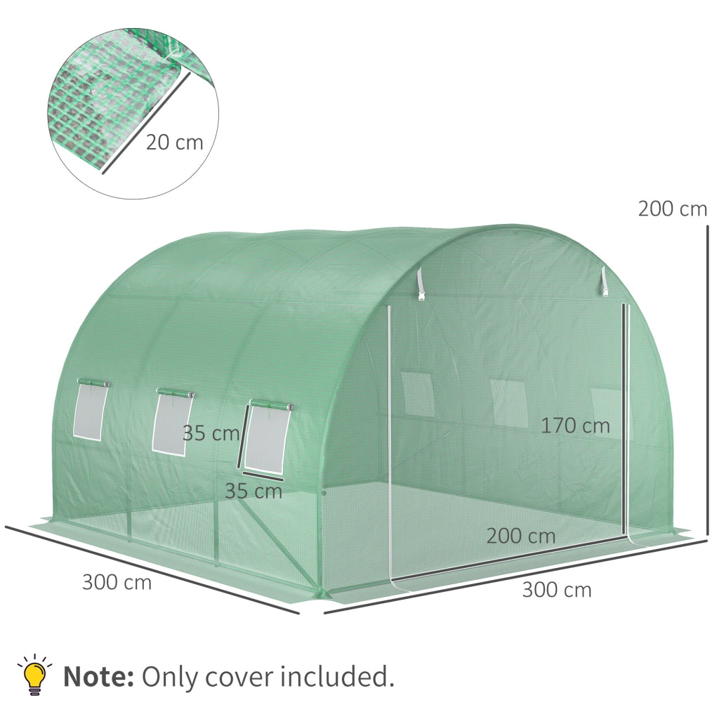 Telo di ricambio per serra a tunnel da giardino 9 m2, dimensioni 3L x 3W x 2H m, PE anti-UV impermeabile, 6 finestre + porta avvolgibile con