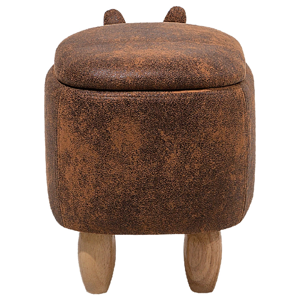 Sgabello per bambini Animal Rhino con contenitore in ecopelle marrone con gambe in legno Poggiapiedi per la cameretta dei bambini