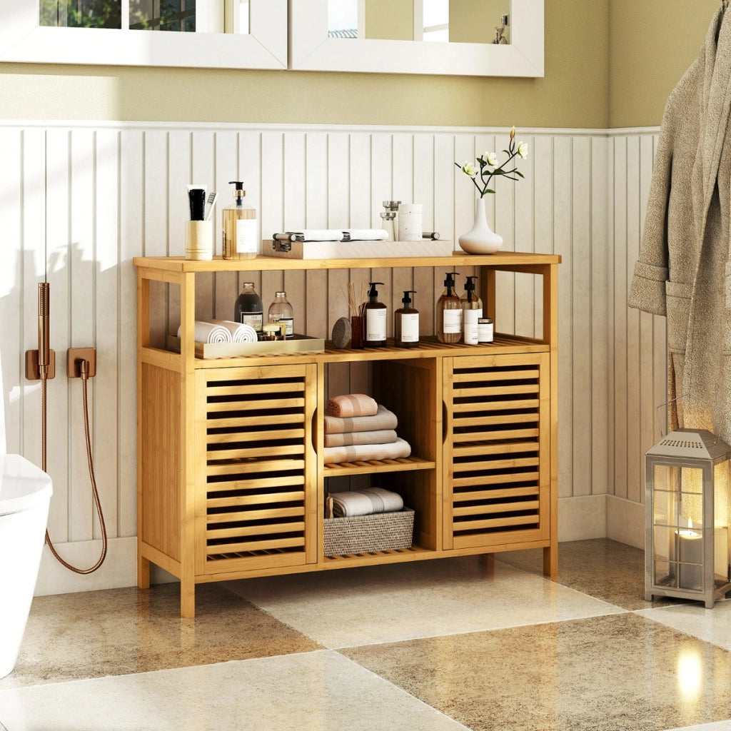 Armadietto da bagno in bamb¨´ a 2 ante con scaffali, Arredamento domestico a doghe per soggiorno e cucina Naturale-Armadietti da bagno