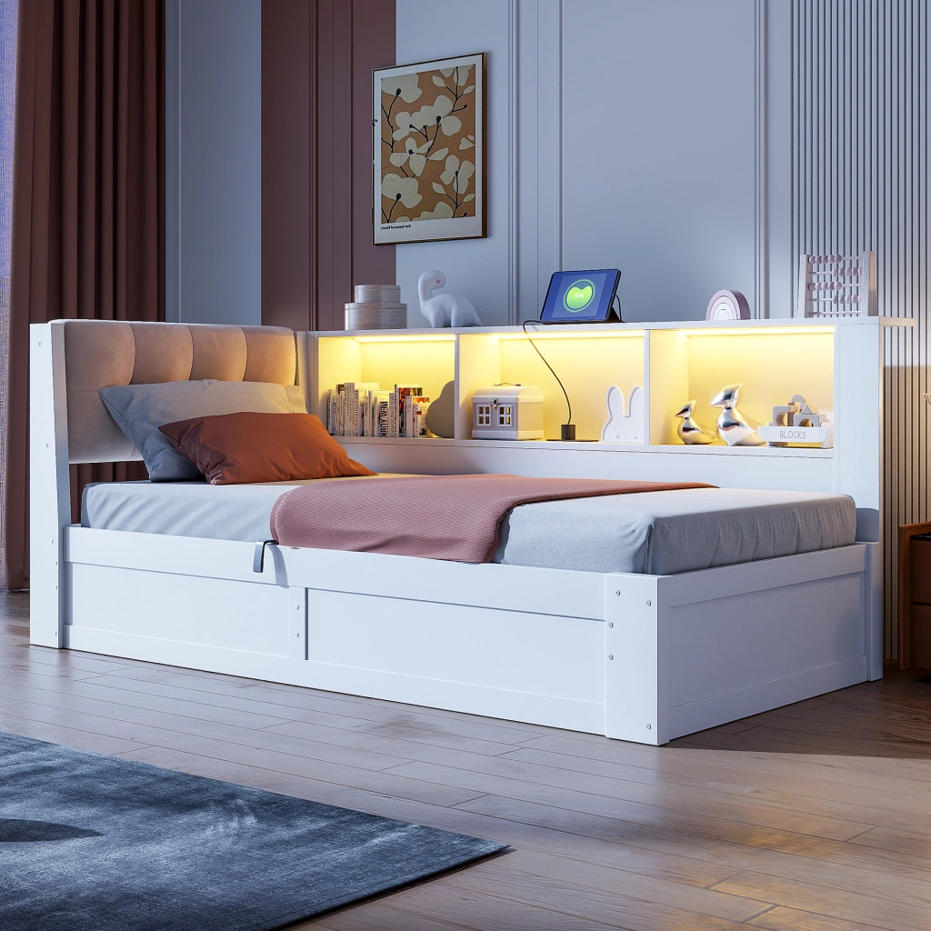 LETTO Contenitore laterale 90x200 cm Bianco con USB e LED