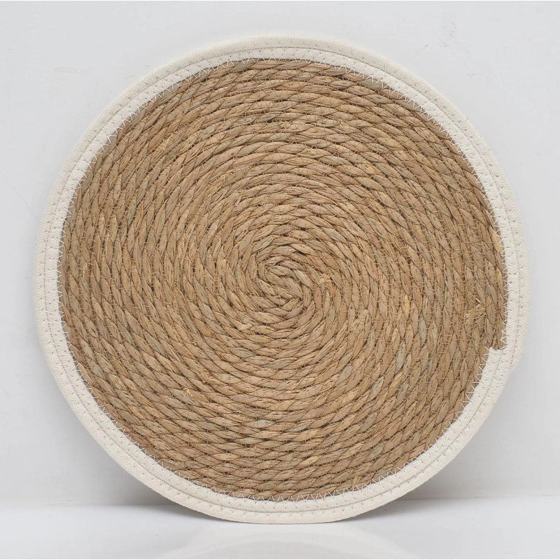 Set di 6 Tovagliette Tammy ø38 In Corda Di Paglia Naturale E Bordo In Cotone Bianco