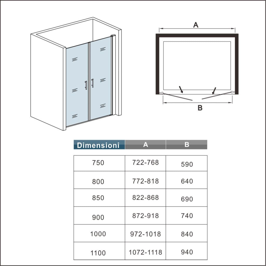110x195cm Porta Doccia Per Nicchia Doppie Ante Battenti Saloon In Vetro 6mm Temperato Trasparente Anticalcare