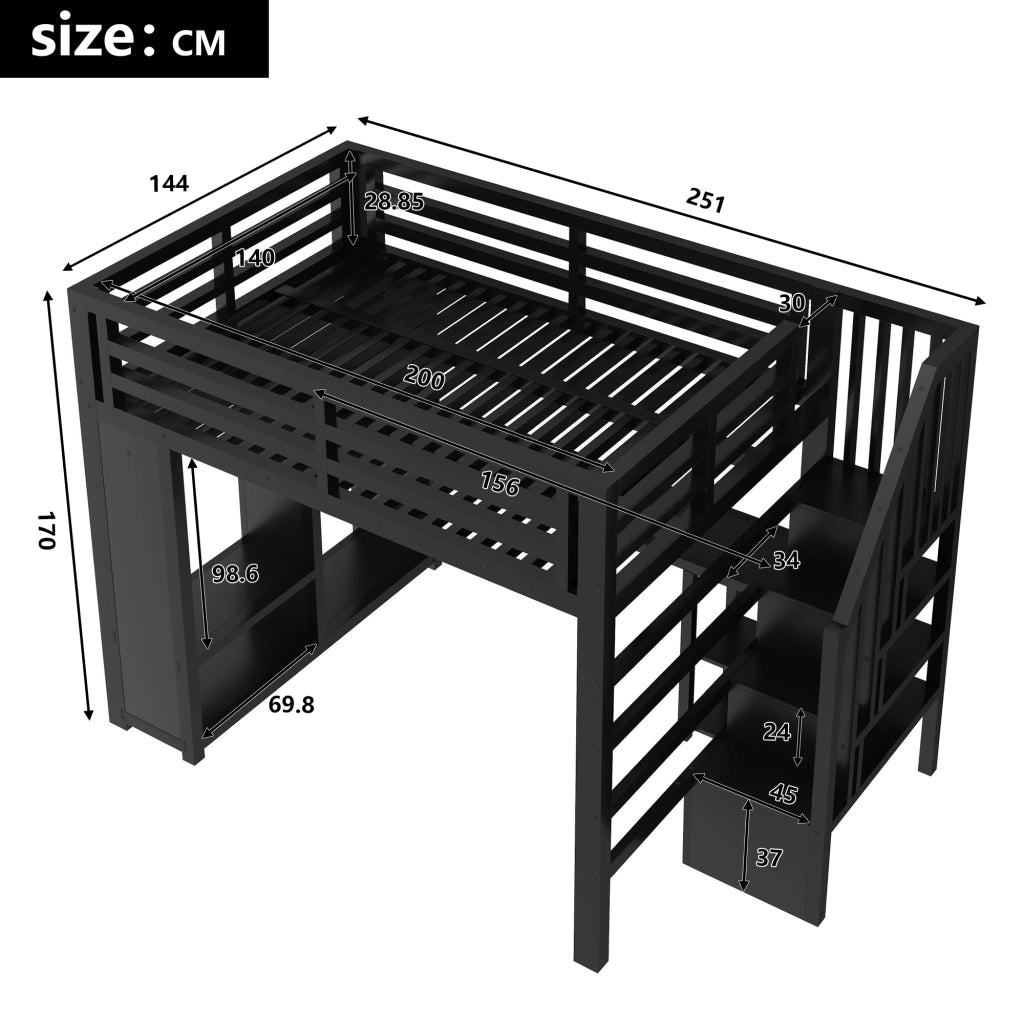 DESMIU Letto a soppalco 140 × 200 cm 2 posti con scrivania, ripiani, LED e armadio aperto, senza materasso, in metallo, nero