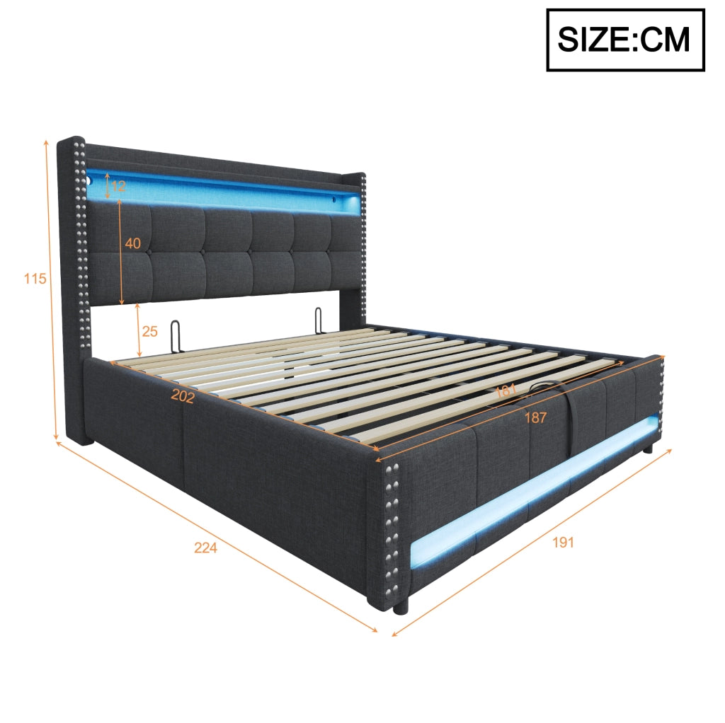 Letto matrimoniale imbottito 180x200 cm con LED, USB e contenitore