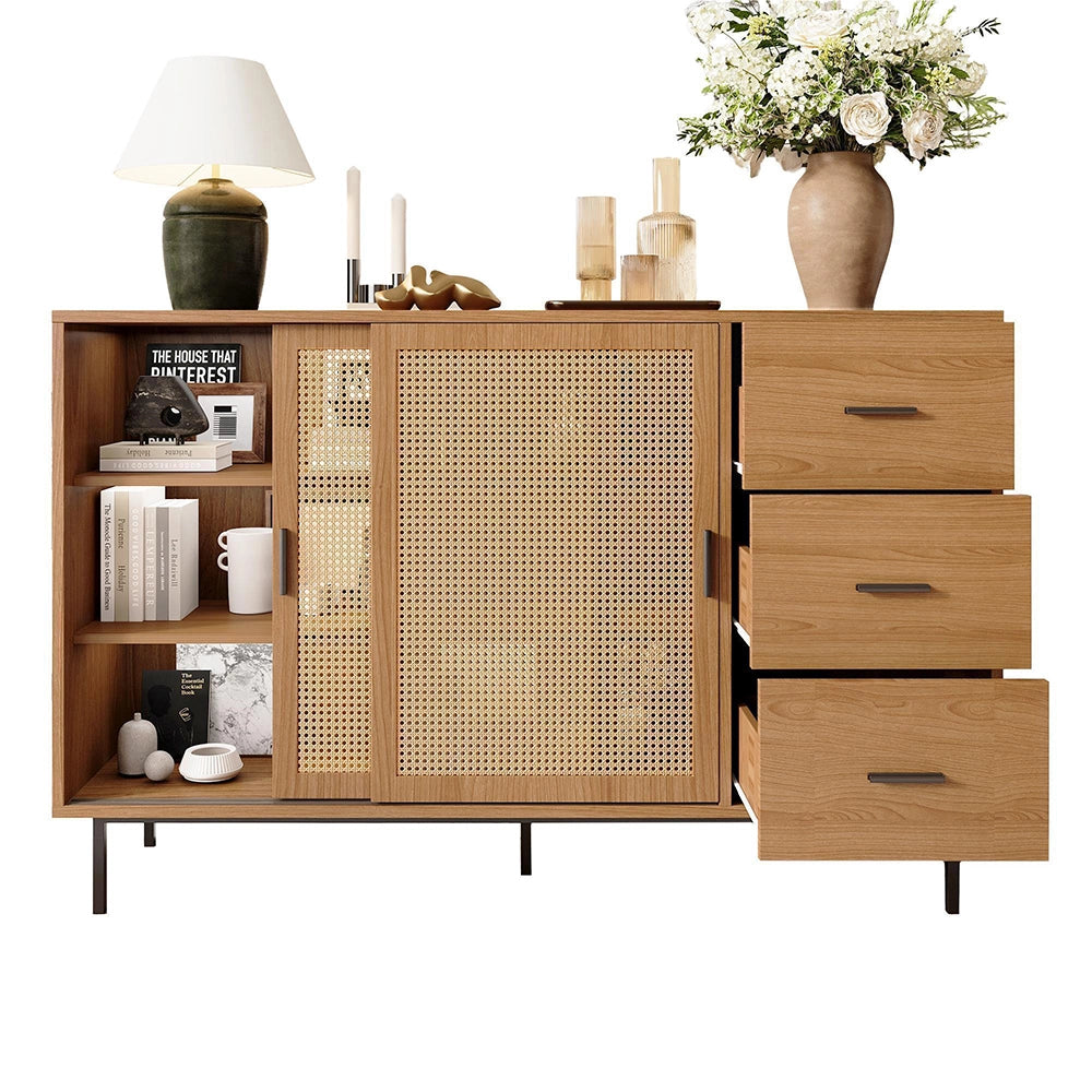 Credenza rustica 2 ante scorrevoli - Xylo - 3 cassetti, ripiani regolabili, per soggiorno, 140x91x37 cm