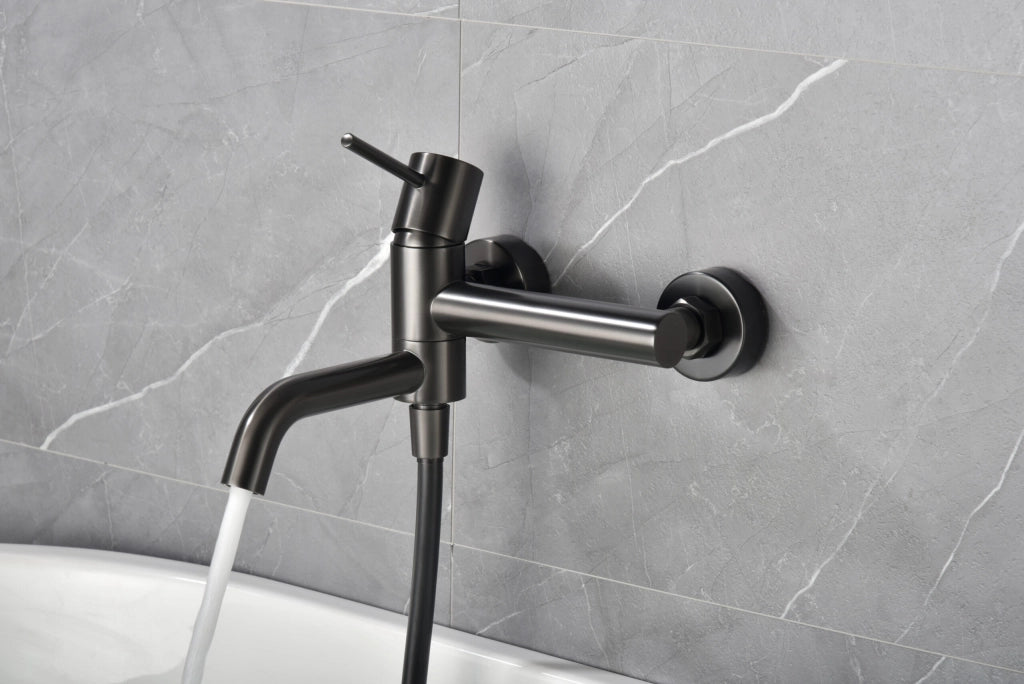 IMEX Miscelatore vasca-doccia nero canna di fucile in ottone con tubo flessibile PVC 180 cm supporto doccia ABS maniglia rotonda cartuccia ceramica Ø35 mm finitura PVD black gun metal - Modello Im