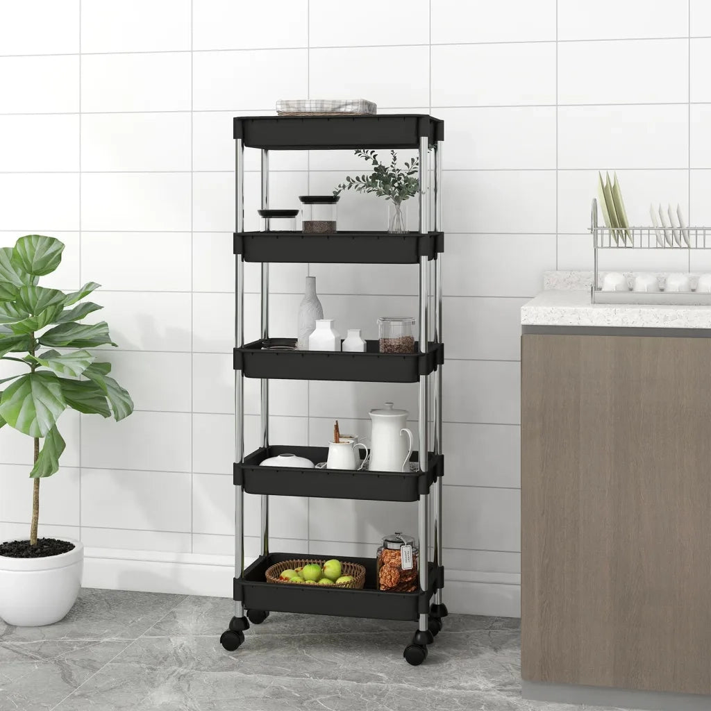 Carrello da Cucina 5 Ripiani-Scaffale per Cucina Nero 42x29x128 cm Ferro e ABS