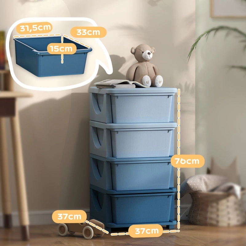 Scatole portaoggetti per bambini, 4 cassetti, bordi arrotondati, design in rilievo, in plastica, blu
