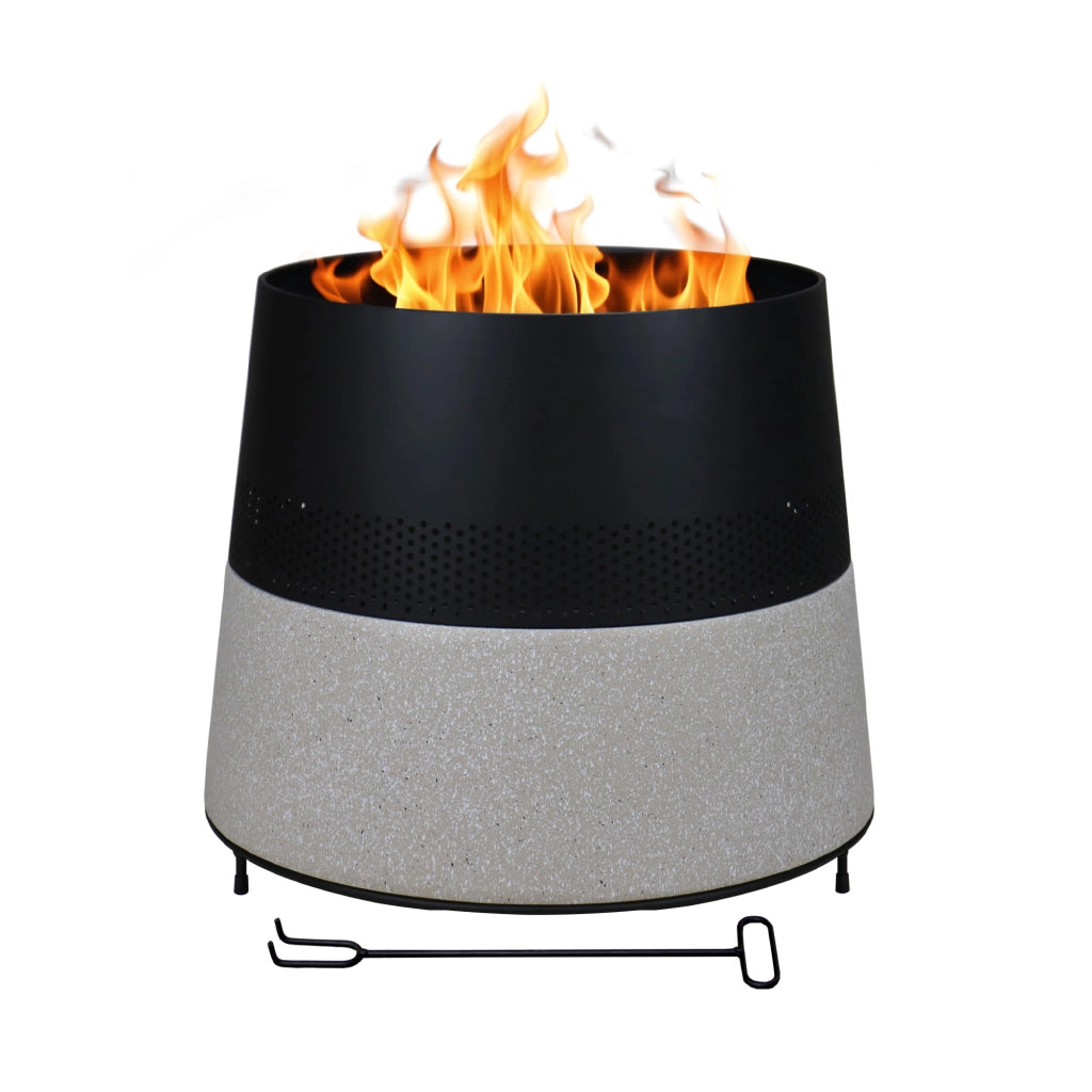 Braciere da Esterno a Legna in MGO e Ferro Verniciato a Polvere, Fire Pit Rotondo con Base Effetto Pietra, Resistente alla Ruggine e al Calore, 56,5 cm
