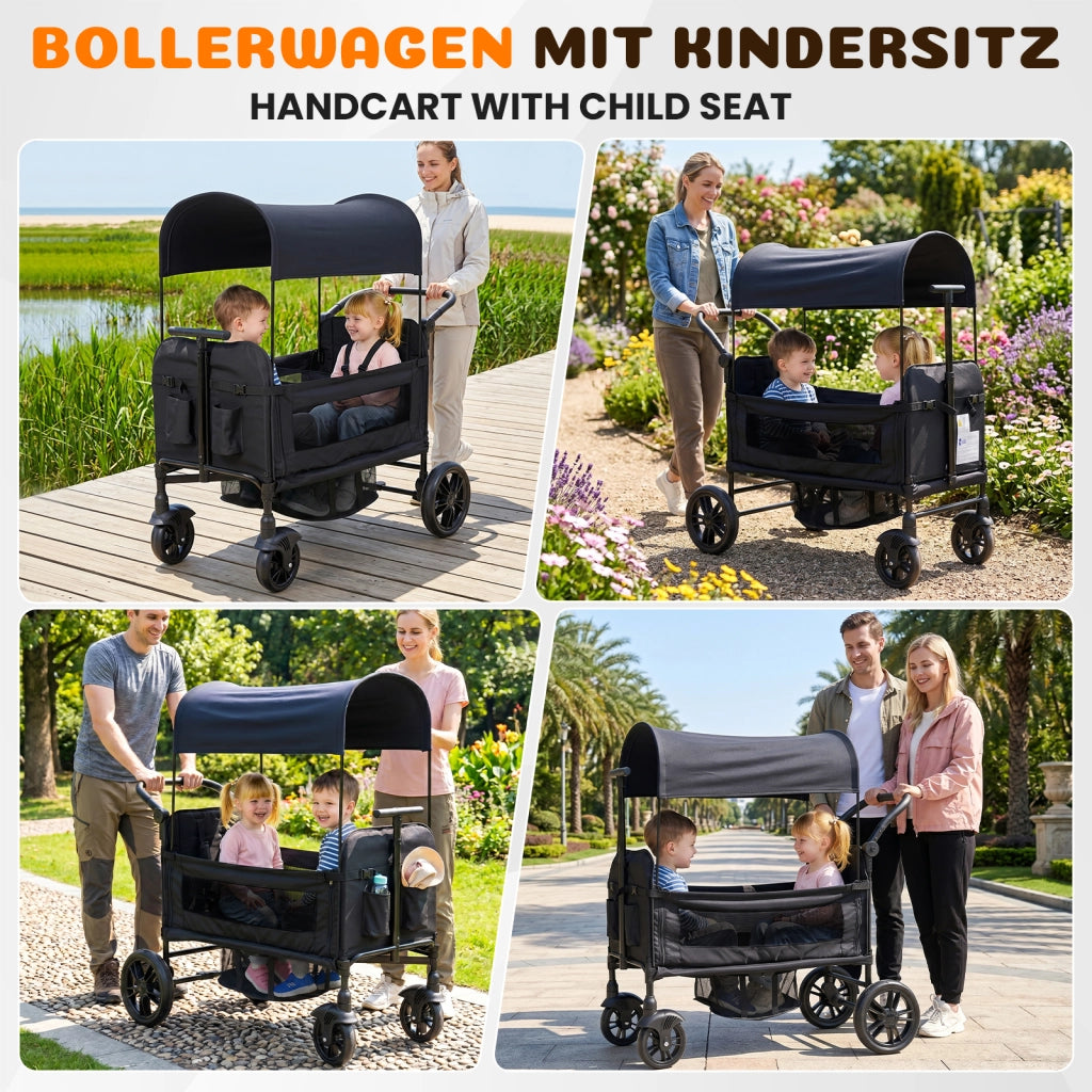 Carretto per bambini con sedile, carretto/passeggino pieghevole per 2 bambini, nero, maniglione imbottito regolabile in 8 posizioni, capottina parasol