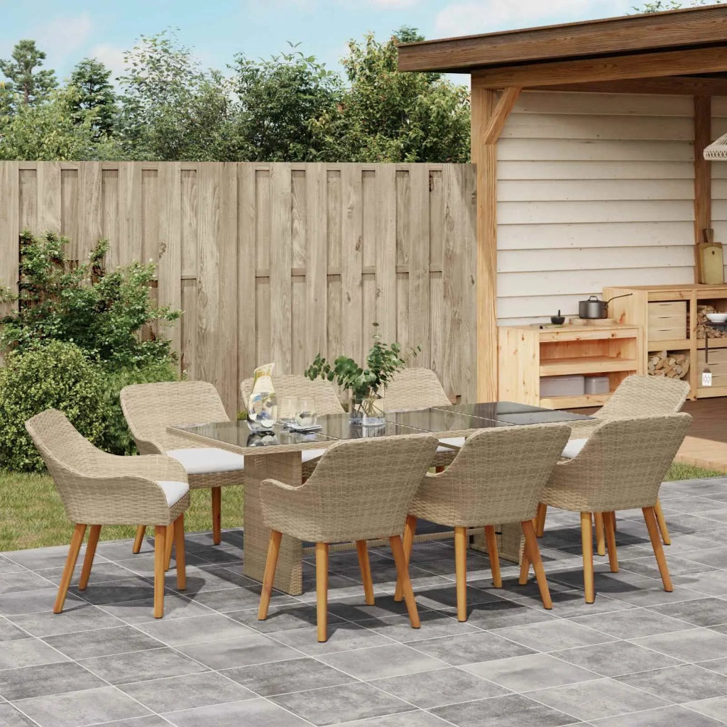 Set da Pranzo per Giardino con cuscino 9 pcs Beige polyrattan